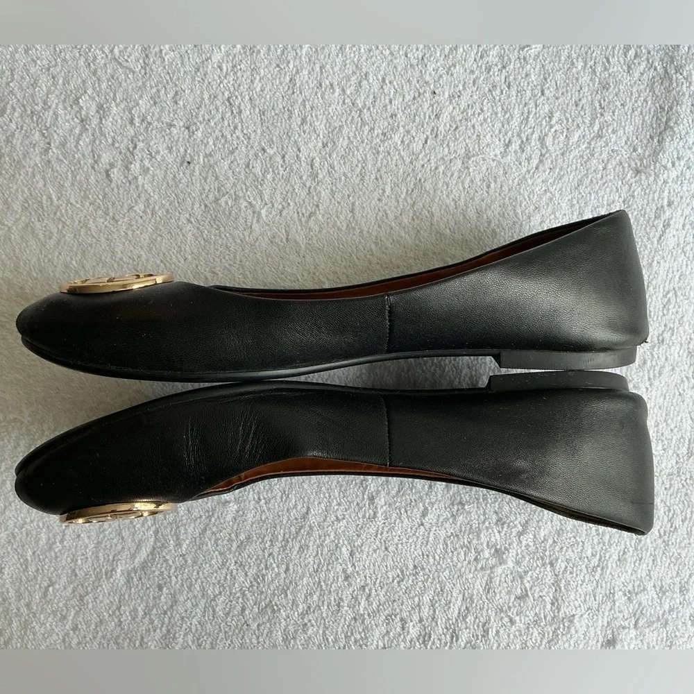 Tory Burch Black Leather Flats with Gold Emblem